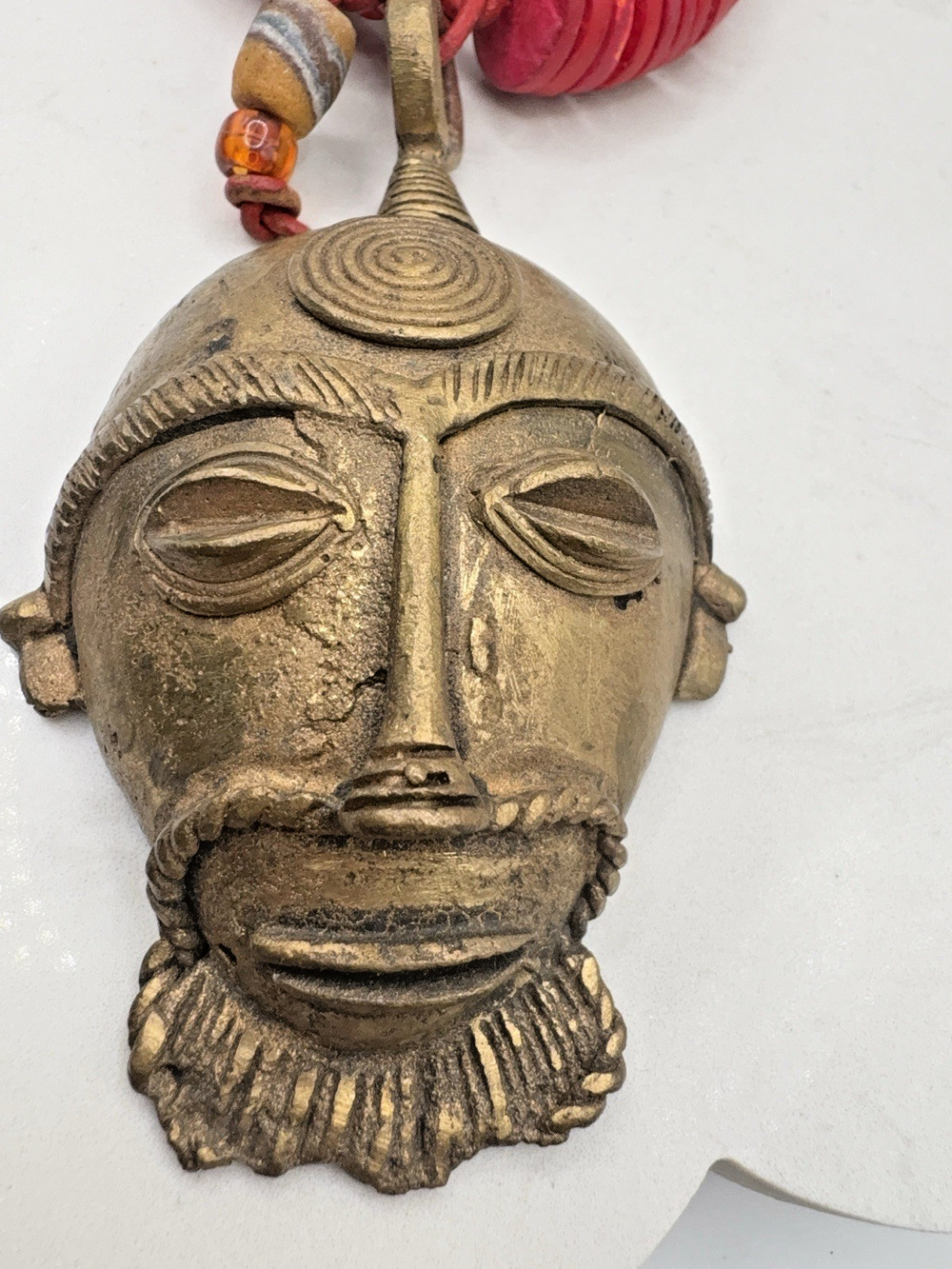 African Face Passport Mask Necklace Lost Wax Brass Heishi Pottery Beads 18"